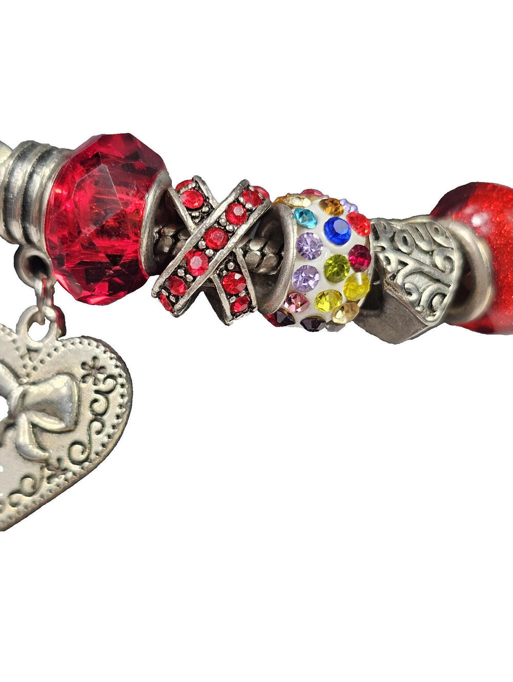 925 Charm Bracelet w 14 Charms & Safety Chain Red Love Glass, Enamel, Filigree - Picture 6 of 13